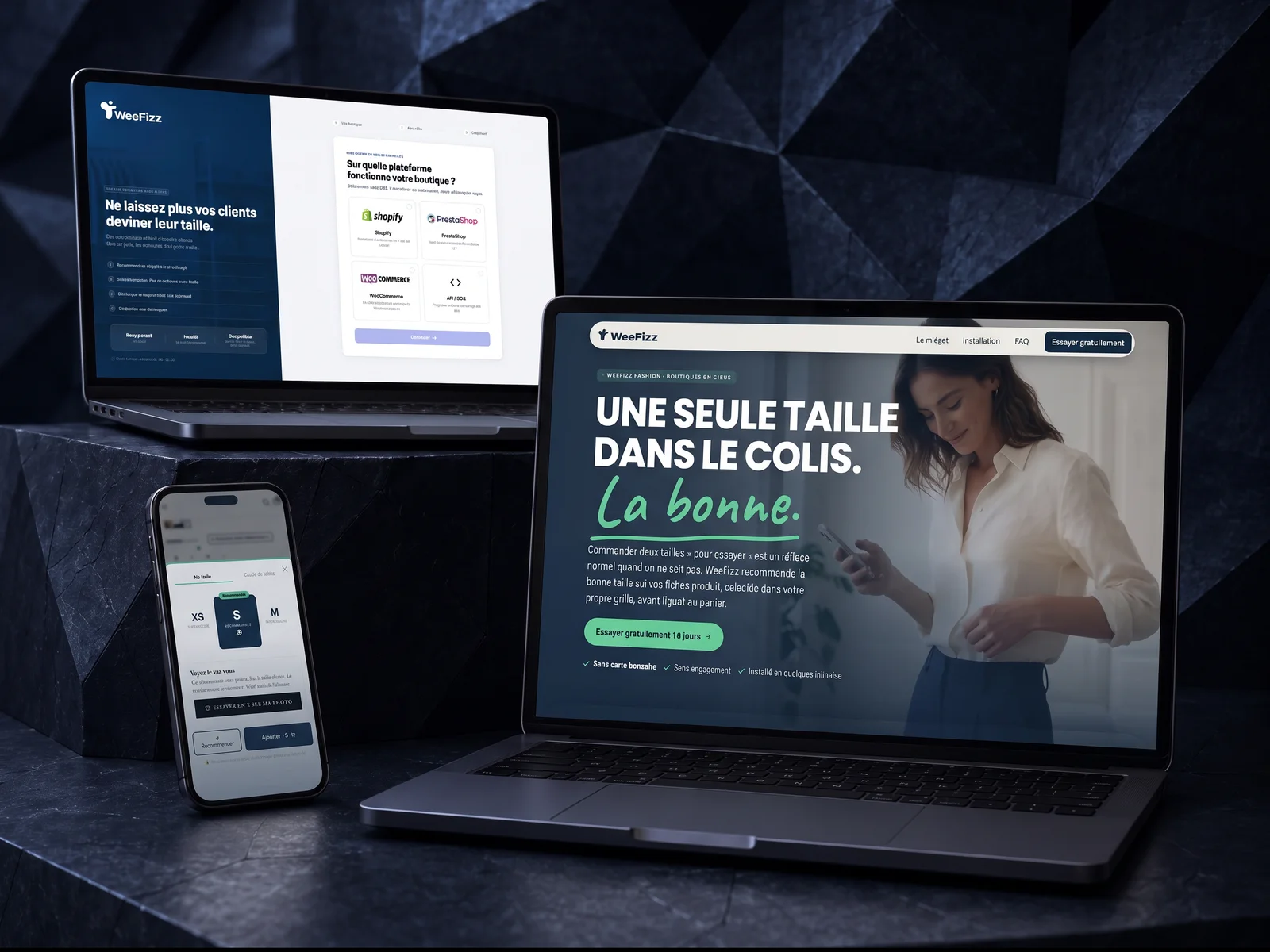 Widget WeeFizz Fashion de recommandation de taille, landing page et widget sur mobile