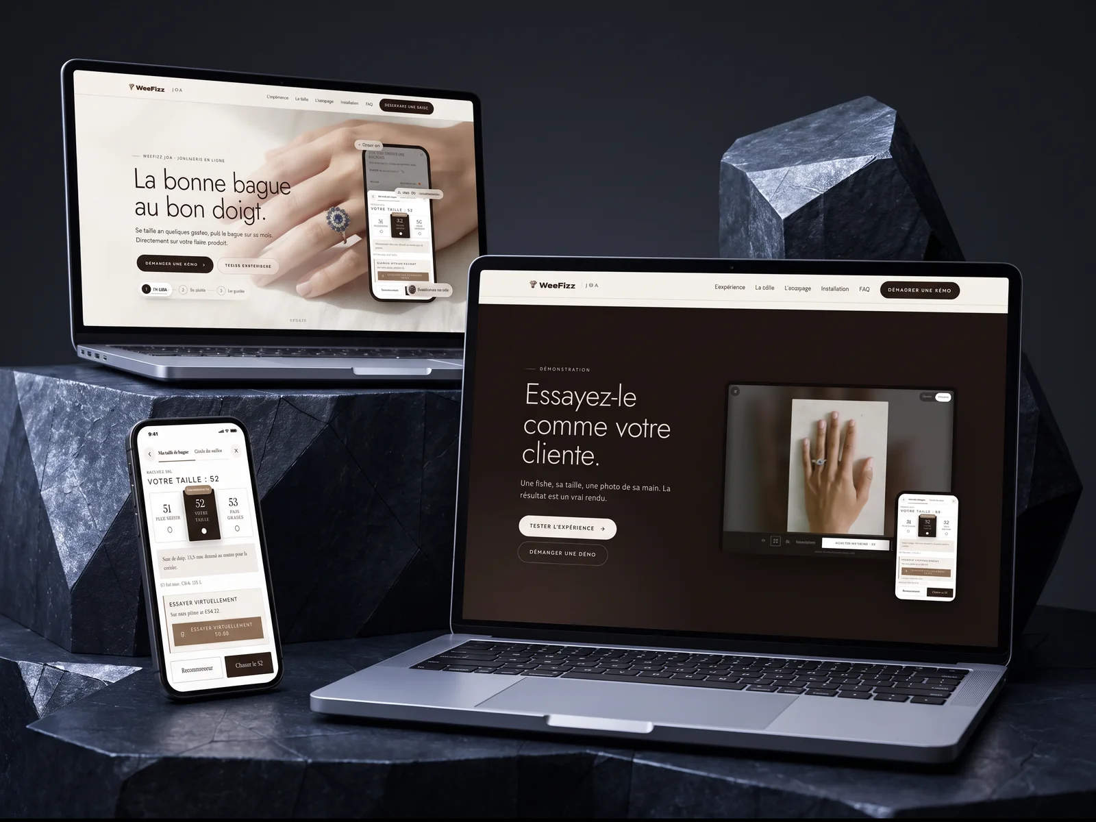 Widget WeeFizz Joa, recommandation de taille de bague et essayage virtuel sur la main